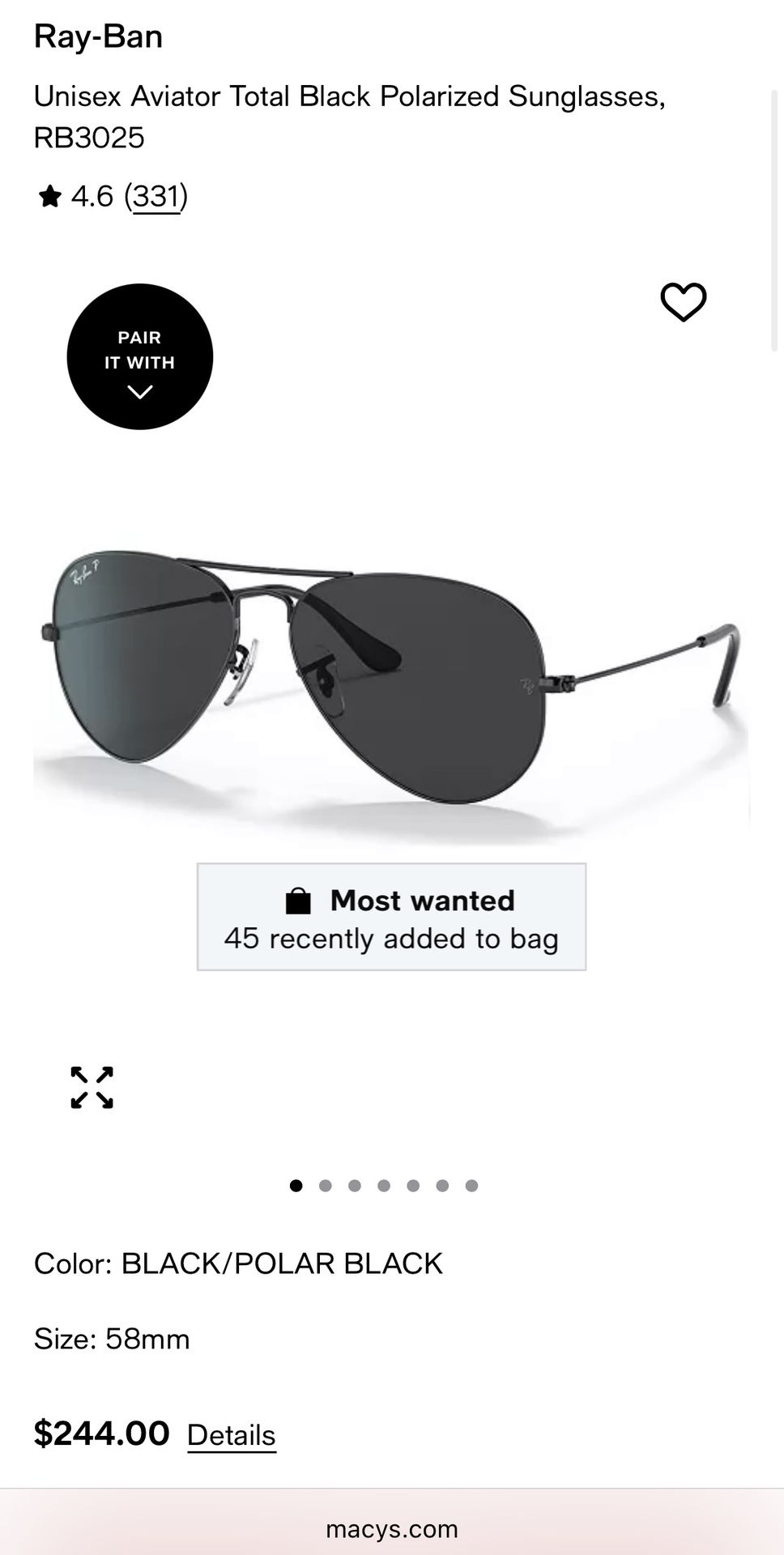 Ray-Ban Unisex Aviator Polarized Sunglasses with case