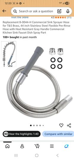 Replacement B-0044-H Commercial Sink Sprayer Hose for T&S Brass, 44 inch Stainless Steel Flexible Pre-Rinse Hose with Heat Resistant Gray Handle Comme