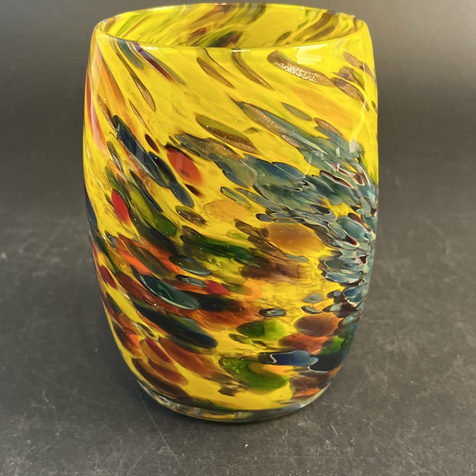Dehanna Jones 2011 Art Glass Candle Holder Swirl Confetti Yellow Glitter Signed