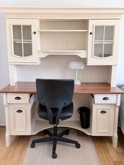 White Wood Desk with Hutch and Storage and chair