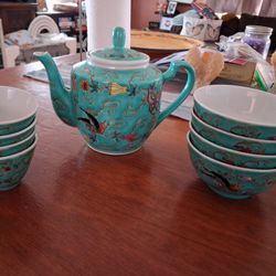 Blue Japanese Tea Set With Birds