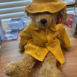 TY BEANIE BABY GORDON PLUSH BEAR 1993 PVC YELLOW RAINCOAT ATTIC TREASURES + Tags