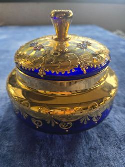 Cobalt Blue and Gold Glass Lidded Trinket Box