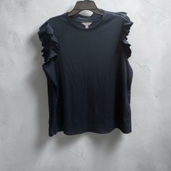 Navy Ribbed Ruffle Sleeve Top