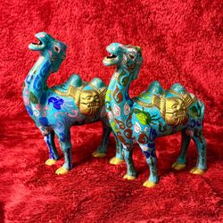 Beautiful Matching Antique Pair of Chinese Cloisonné Camel Statues