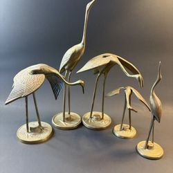 Vtg Brass Crane Heron Figurine Set MCM 5pc 12" 7.5" 7" 6.5" 5" Korea Bird Statues