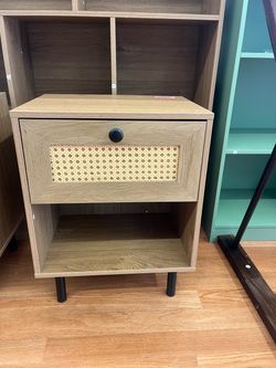 Wood Nightstand with Rattan Drawer