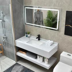 47" Floating Bathroom Vanity Set Single Sink White/Black/Gray (W/ Faucet, LED Mirror) 