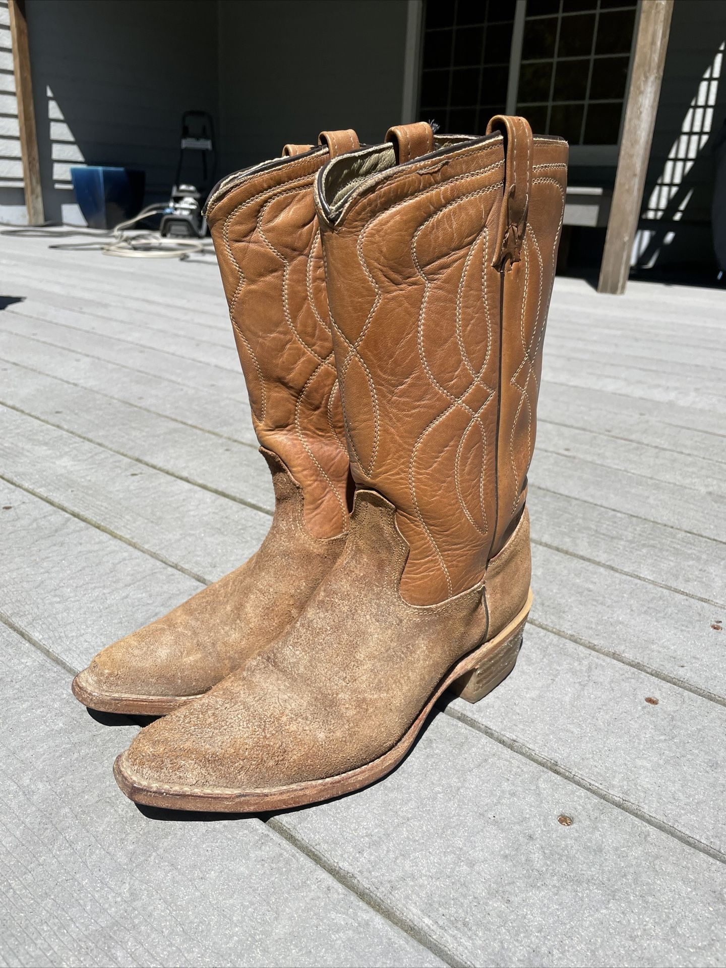Vintage Acme Tan Roughout Suede Leather Cowboy Boots 1622 Mens Size 10.5 B USA