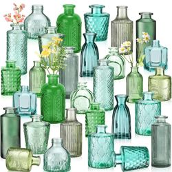 Yaomiao 30 Pcs Vases Bulk Colored Flower Glass Bud Vases Valentine Vintage Colored Glass Bottles Colorful Rustic Embossed for Home Wedding Table Decor