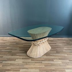 Signed Vintage Farmhouse Rattan Sheaf of Wheat Dining Table with Glass Top by McGuire - Delivery Available