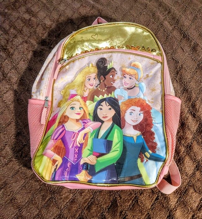Disney Princess 17"-High Gold & Pink Backpack • School Book Bag • Featuring : Cinderella, Sleeping Beauty, Tiana, Mulan, Merida, & Rapunzel •