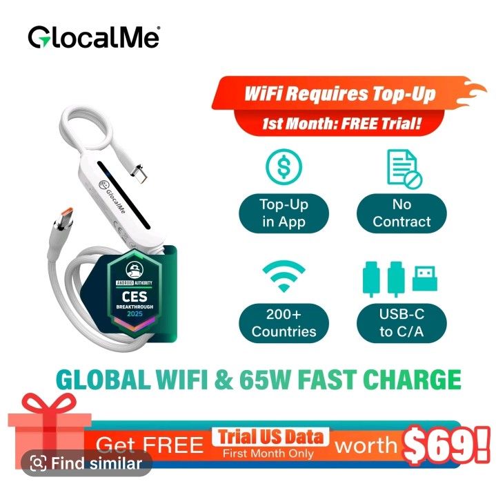 GlocalMe UniCord 65W Fast Charger & 4G Hotspot: 3-in-1 USB-C/A Cable with 8GB 30-Day US Data