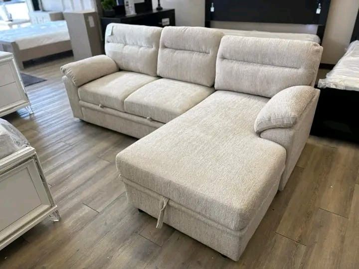 Chenille Fabric Sleeper Sectional Sofa With Cup Holders and USB with right facing Chaise