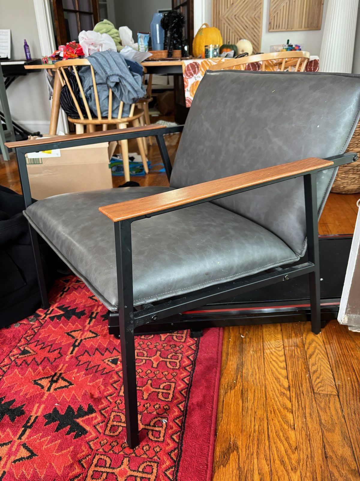 mid-century modern dark grey leather accent armchair