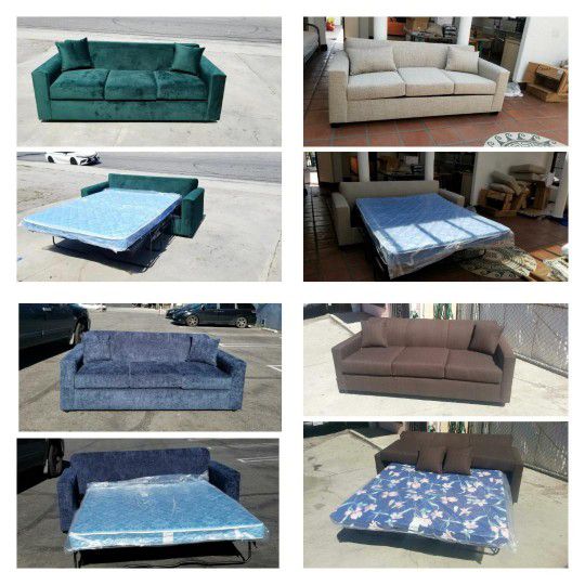 BRAND NEW 7ft sofa SLEEPER VELVET Evergreen, BLUE,  VALERIE Birch, Brown  Fabric (COUCH And Loveseat Available)