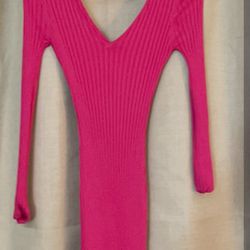 Hot Pink Long Sleeve Sexy V Neck Dress