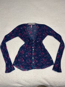 Free People Women Purple Floral Wool Blend Cardigan Top