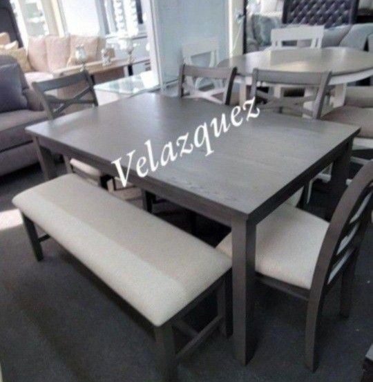 ✅️✅️6 pc  grey finish wood dining table set padded seat chairs and bench✅️