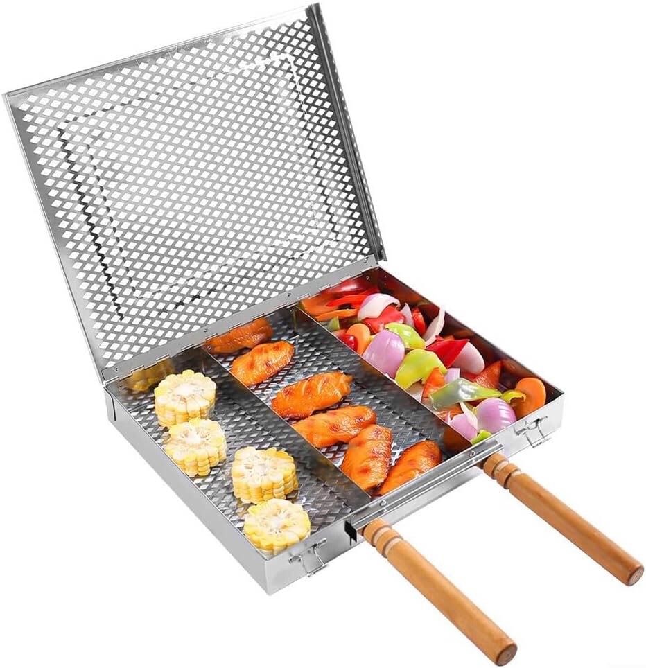 Stainless Steel BBQ Grill Tray with Wooden Handle Griddle Plate