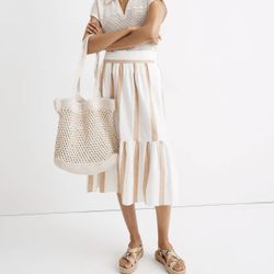 MADEWELL Brown White Stripe Linen Blend Cottage High Rise Ruffle-Hem Midi Skirt