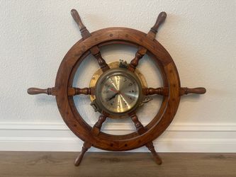 26” wooden nautical ship wheel with clock