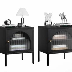 Set of 2,Modern Night Table - Night table with corrugated tempered glass door, cold rolled steel frame, storage shelf, black color