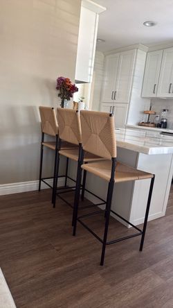 Set of 3 Woven Bar Stools with Black Metal Frame