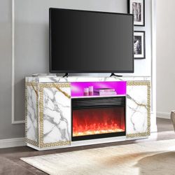 FIREPLACE WHITE TV STAND W/ LED & SPEAKERS