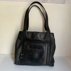 Vintage Fossil Black Genuine Leather Tote Shoulder Bag Y2K Large Purse 