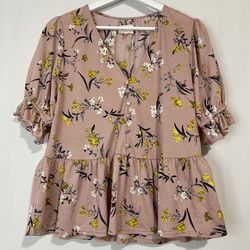 Melloday Women’s Short Sleeve Floral Ruffle V Neck Blouse Pink Size Small