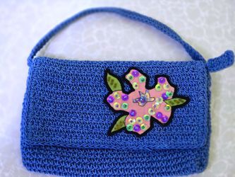 Blue Woven Handbag with Sequin Flower