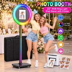 Photo Booth Machine with Printer, 22” RGB Ring Light iPad Stand – Portable Photo Booth for Weddings, Parties & Events