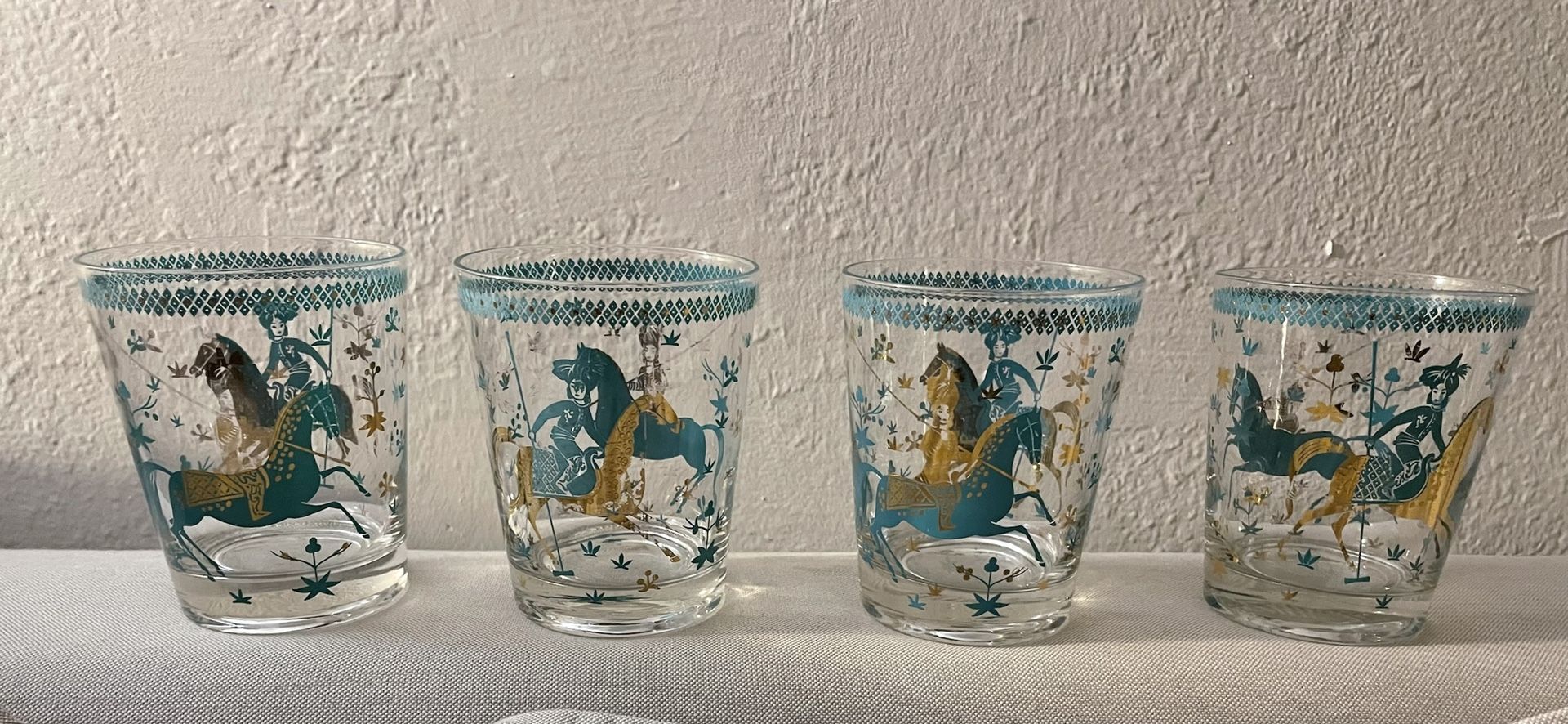 4; Mid-Century Turquoise Blue & Gold Drinking glasses