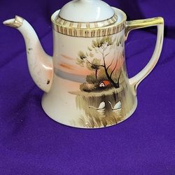 Antique Nippon Japan Hand Painted Swan On Lake Tea Pot J5L043