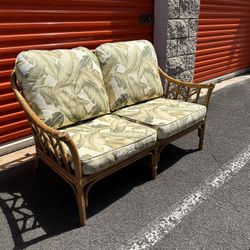 Vintage Island-Style Rattan Loveseat Sofa With Tropical Fabric