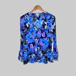 Bethany Women’s Pleated Abstract Ruffle Button Front Top Blue Purple Size XL