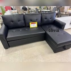 Black Vegan Leather Modern Reversible Sleeper Sectional Sofa With Storage chaise