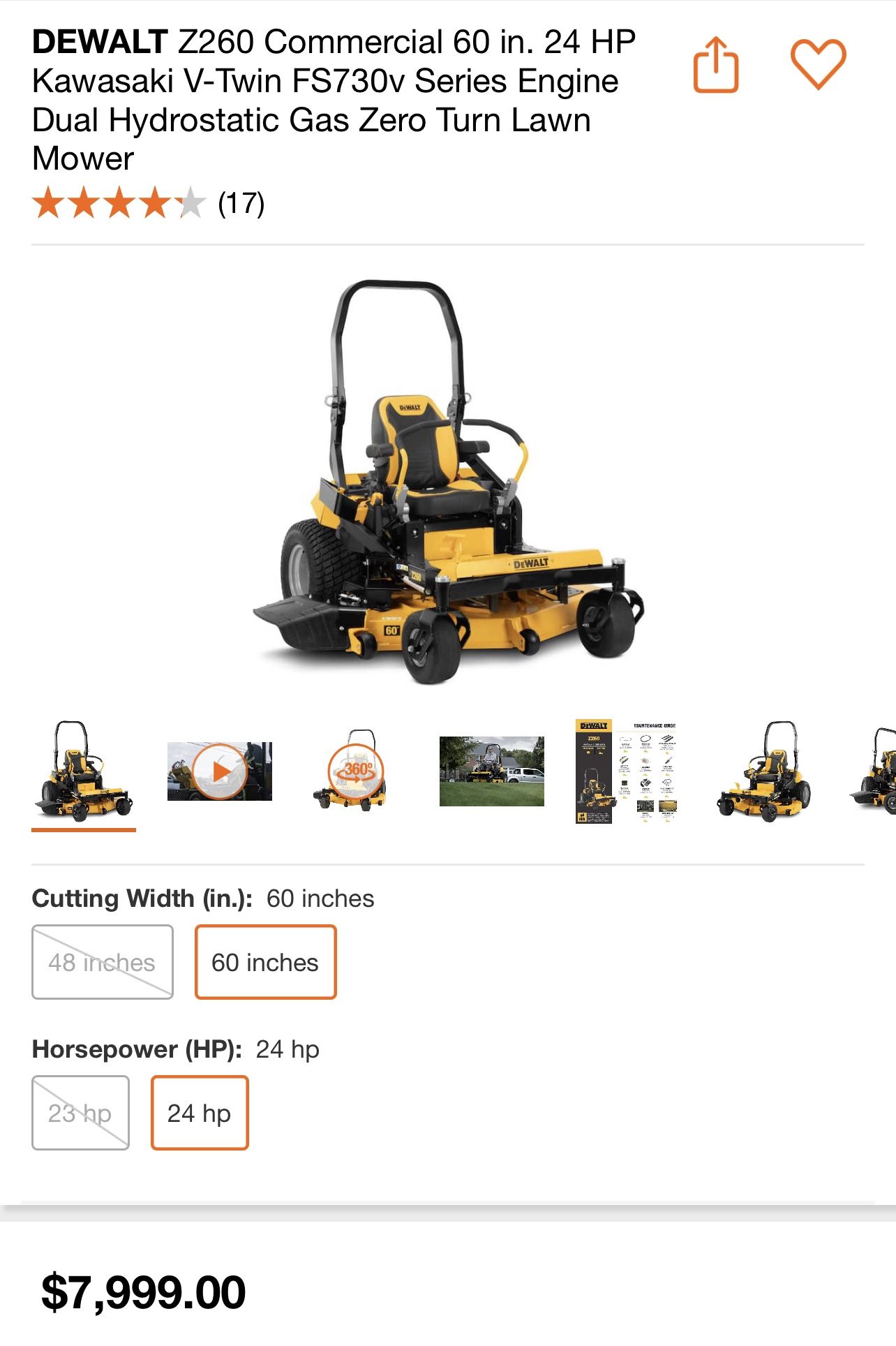 DEWALT Z260 Commercial 60 in. 24 HP Kawasaki V-Twin FS730v Series Engine Dual Hydrostatic Gas Zero Turn Lawn Mower