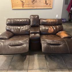 Brown Leather Reclining Couch and Love Seat