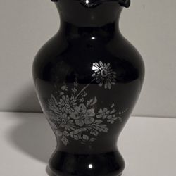 Vintage Black Amethyst Glass 6” Vase W Silver Floral Bouquet Overlay Decor