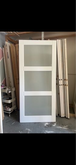 I have (1) Bedroom door bathroom doors closet door 3 panels shaker frosted glass 36x80 solid barn door  I have (1) beautiful interior door barn doors 