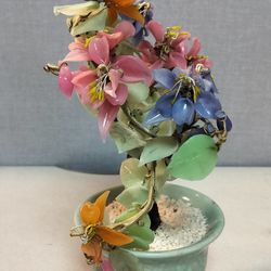 Oriental Bonsai Jade Art Glass Floral Flower Tree in Celadon Porcelain Pot
