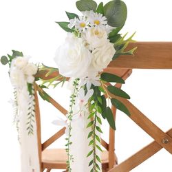 Wedding Aisle Decorations 8pcs Chair Decorations Artificial Flowers for Wedding Ceremony Party Chair Decor with Chiffon Ribbons(White)