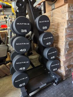 NEW  Matrix  Pro Style  Premium Rubber  Dumbbells  w/ Rack.  35-50 Lbs. READ BELOW.  DR0P0FF AVAIL.  FIRM PRICE.