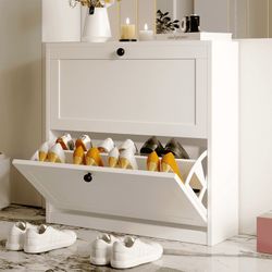White Shoes Cabinet with 2 Flip Drawers for Narrow Entryway,Shoe Storage Cabinet Shoe Rack Organizer for Bedroom Living Room