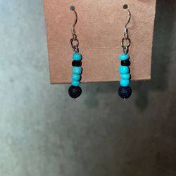 Turquoise Color Earrings W/Lava Bead As Charm