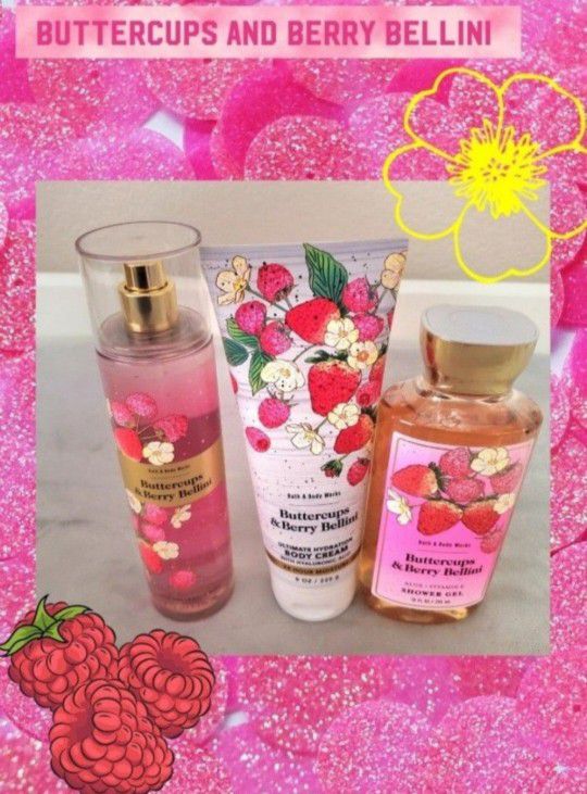 BATH AND BODY WORKS "BUTTERCUPS AND BERRY BELLINI!" 3 PIECE GIFT SET BRAND NEW!