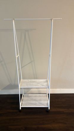 Plastic White Clothes Rack with Fabric Shelves & Wheels