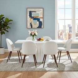 Homy Casa Quinby 7PC Dining Set 81” Extendable High Gloss Table with 6 Haven Linen-Look Upholstered Chairs Modern Pedestal Base